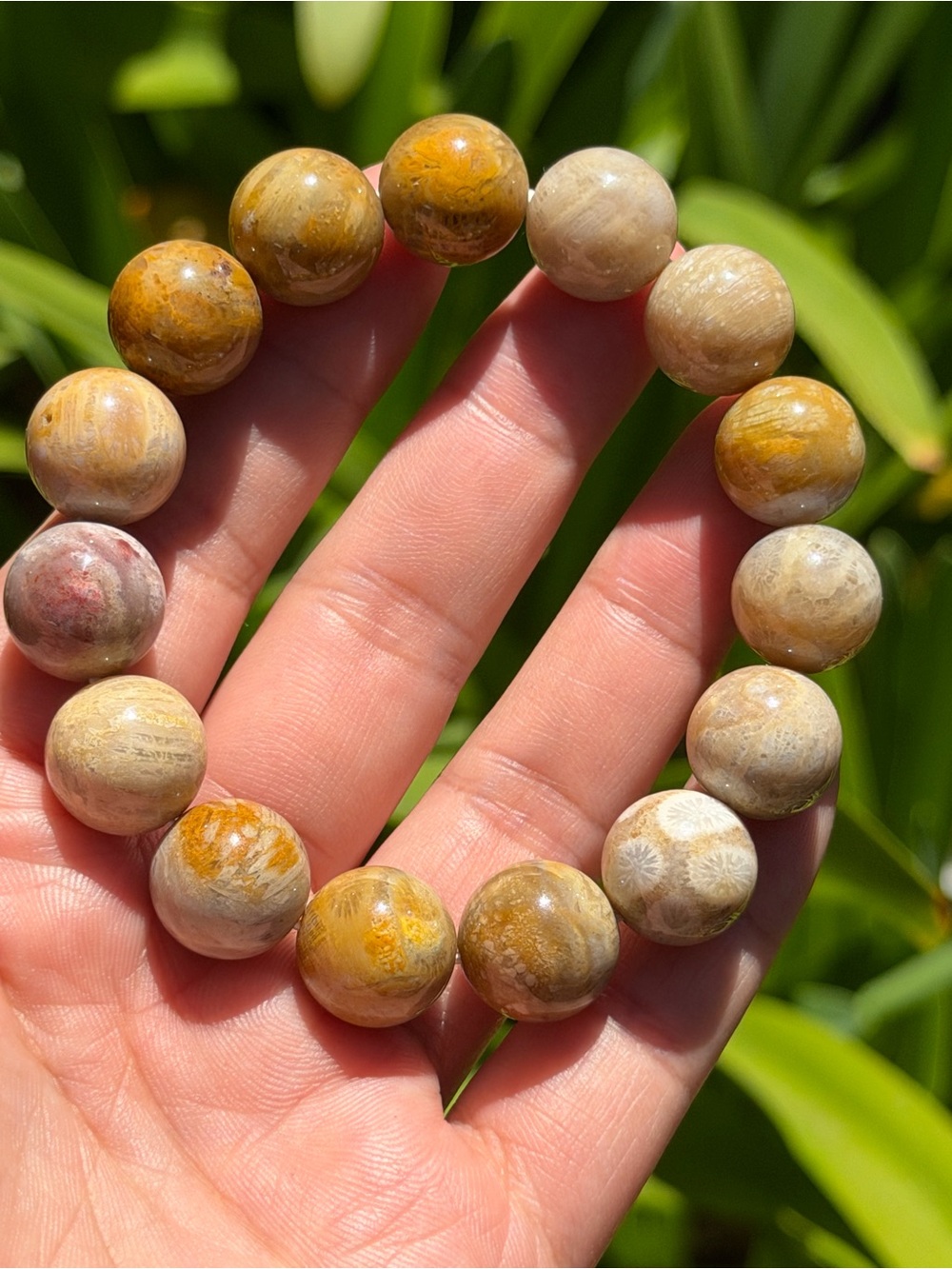 14mm Stretchable Yellow Brown Coral Jade Bracelet 1990